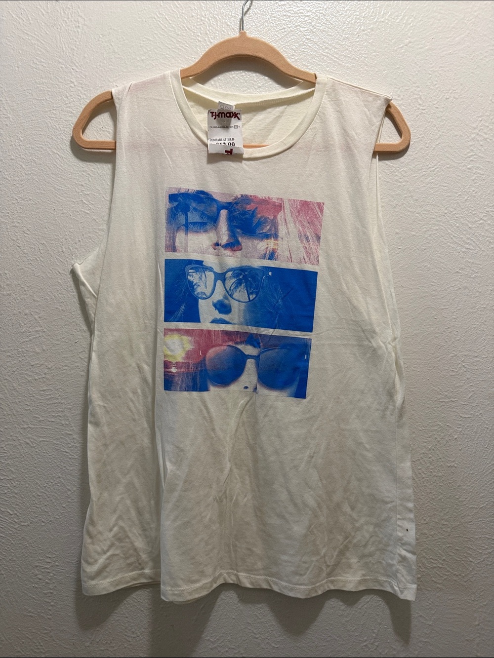 White Graphic Muscle Tank Top with Pink & Blue Print